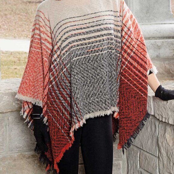 Poncho Hooded Super Soft Knit Shawl Red Stripe Accent Colors Modern Boho NWT - Picture 1 of 5